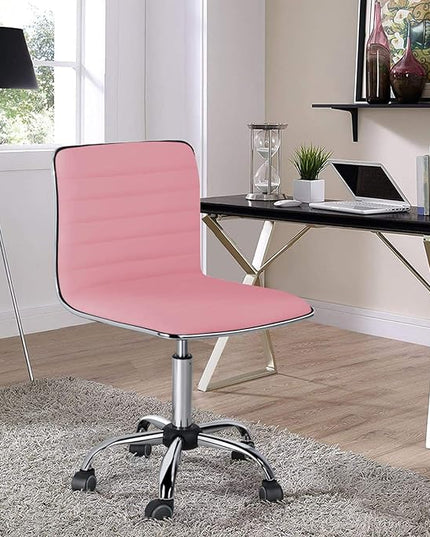 Yaheetech Pink Low Back PU Leather Ribbed Armless Office Chair, Ergonomic Swivel Task Chair with Wheels for Women - LeafyLoom