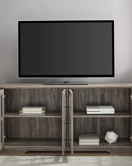Walker Edison Farmhouse Barn Glass Door Wood Universal TV Stand for TV's up to 64" Flat Screen Living Room Storage Cabinet Doors and Shelves Entertainment Center, 58 Inch, Grey Wash - LeafyLoom