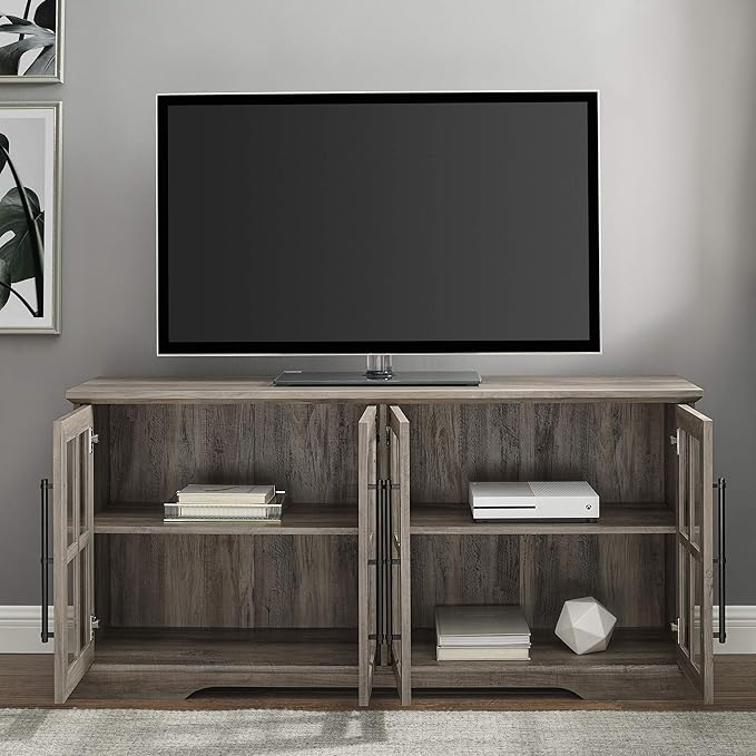 Walker Edison Farmhouse Barn Glass Door Wood Universal TV Stand for TV's up to 64" Flat Screen Living Room Storage Cabinet Doors and Shelves Entertainment Center, 58 Inch, Grey Wash - LeafyLoom