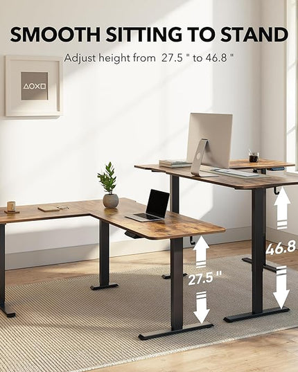 FEZIBO L Shaped Standing Desk Adjustable Height, 63 Inch Electric Stand up Corner Computer Desk, Sit Stand Home Office Desk with Splice Board, Rustic Brown Top/Black Frame - LeafyLoom
