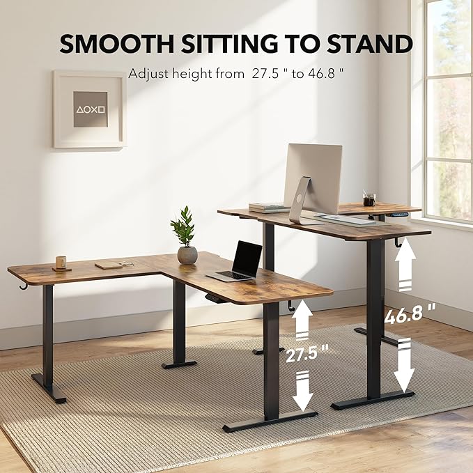 FEZIBO L Shaped Standing Desk Adjustable Height, 63 Inch Electric Stand up Corner Computer Desk, Sit Stand Home Office Desk with Splice Board, Rustic Brown Top/Black Frame - LeafyLoom