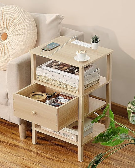 Lerliuo Nightstand Set of 2 with Charging Station and USB Ports, 3-Tier Storage End Table with Drawer Shelf, Night Stand for Small Spaces, Wood Bedside Table for Living Room, Bedroom-Light Wood Grain - LeafyLoom