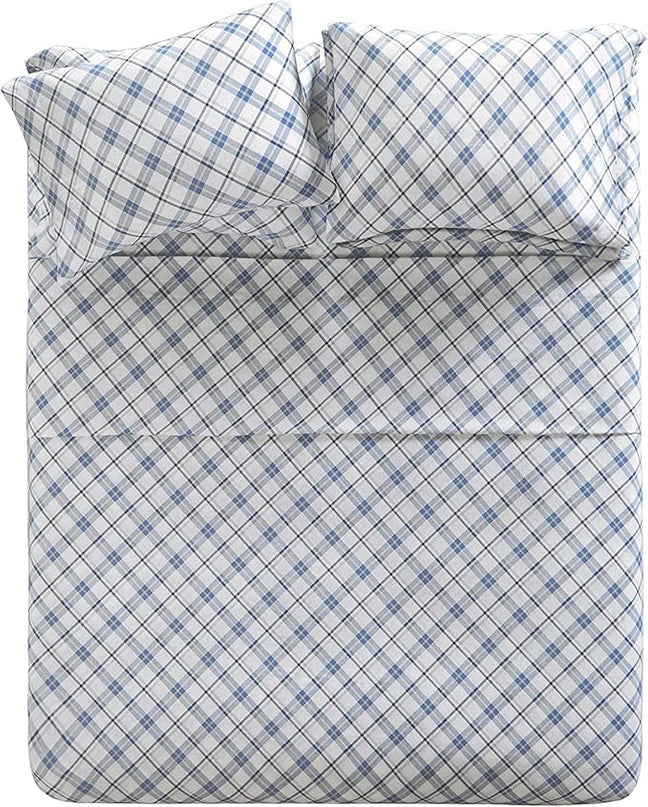 Comfort Spaces Cotton Flannel Breathable Warm Deep Pocket Sheets with Pillow Case Bedding, Cal King, Blue Plaid 4 Piece - LeafyLoom
