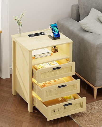 Rattan Nightstand with Charging Station, Night Stand with 3 Drawers and Open Shelf, Bed Side Table with LED Lights for Bedroom, Living Room, Natural Wood - LeafyLoom