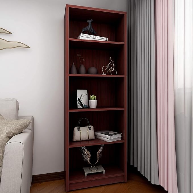 5 Shelf Wood Bookcase Freestanding Book Case Adjustable Layers Bookshelf for Home Office Small Narrow Space (Mahogany, 5-Layers,24.4W x 11.6D x 68.9H inch) - LeafyLoom