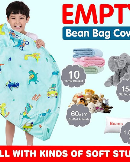 Lukeight Stuffed Animal Storage Bean Bag Chair Cover for Kids, Dinosaur Zipper Beanbag Chair Cover for Organizing Toddler & Kids' Rooms Plush Toys (Dino Blue, Large) - LeafyLoom