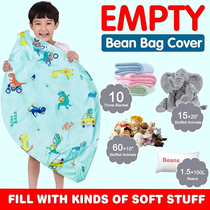 Lukeight Stuffed Animal Storage Bean Bag Chair Cover for Kids, Dinosaur Zipper Beanbag Chair Cover for Organizing Toddler & Kids' Rooms Plush Toys (Dino Blue, Large) - LeafyLoom