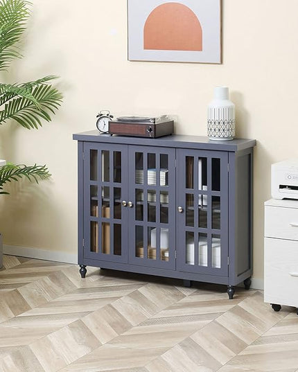 HOMCOM Sideboard, Buffet Cabinet with 3 Tempered Glass Doors, Stripe Pattern and Adjustable Storage Shelf, Credenza, Gray - LeafyLoom