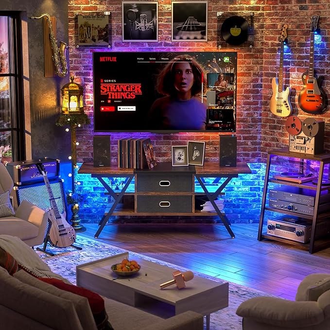 TV Stand for 55''/65'' TV - LED TV Stands with Power Outlets for Living Room, TV Entertainment Center with Storage, Modern Gaming TV Stand with Drawers for Bedroom, Entertainment Stand 55'', Vintage - LeafyLoom