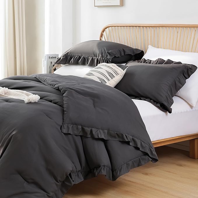 JANZAA Dark Grey Comforter for Queen Size Bed Queen Comforter Set with Ruffles 3PCS (1 Gray Comforter and 2 Pillowcases) Shabby Chic Bedding Comforter Sets Soft Fluffy Bed Set for All Season - LeafyLoom