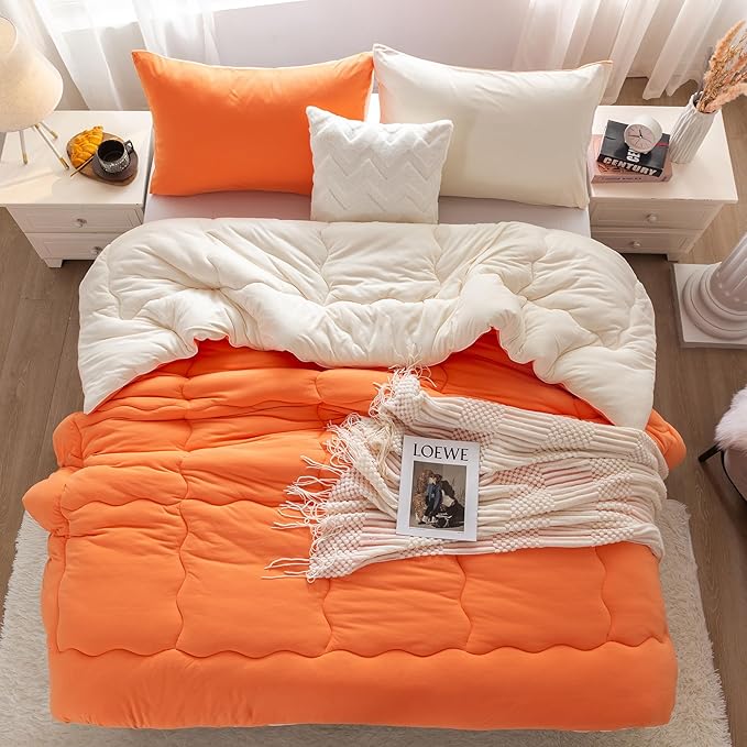 COTTEBED Warm Reversible Softness Burnt Orange and Beige King Size Comforter Sets Clearance, California King Soft Fully Breathable Bedding Down Comforter and Pillowsham for Women Winter King/Cal King - LeafyLoom