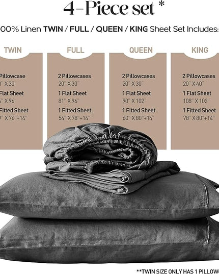 Simple&Opulence 100% Washed Linen Sheet Set-King Size-Natural France Flax Bed Sheet-4 Pcs Breathable,Ultra Soft,Farmhouse Bedding (1 Flat Sheet,1 Fitted Sheet,2 Pillowcases)-Embroidery Dark Grey - LeafyLoom