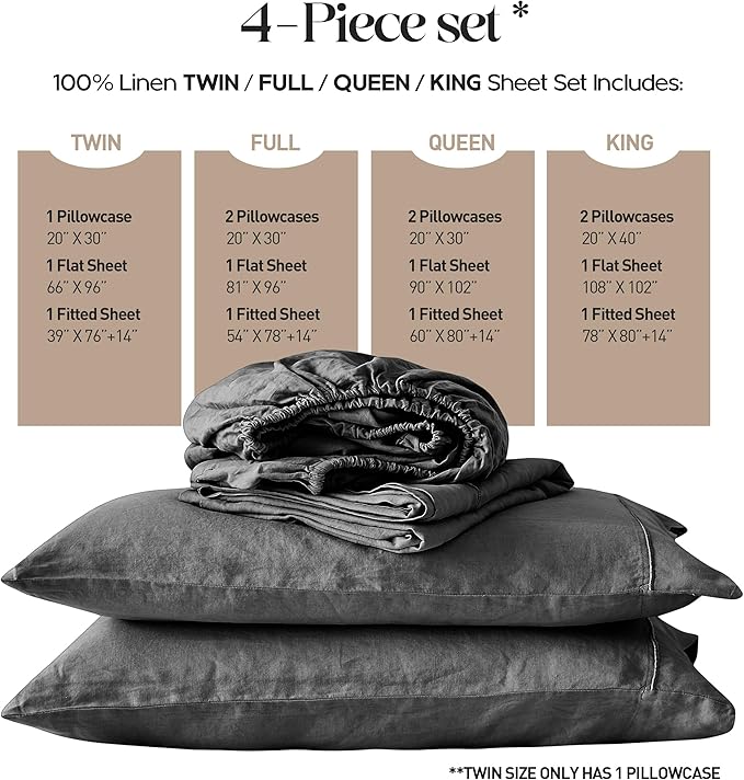 Simple&Opulence 100% Washed Linen Sheet Set-King Size-Natural France Flax Bed Sheet-4 Pcs Breathable,Ultra Soft,Farmhouse Bedding (1 Flat Sheet,1 Fitted Sheet,2 Pillowcases)-Embroidery Dark Grey - LeafyLoom