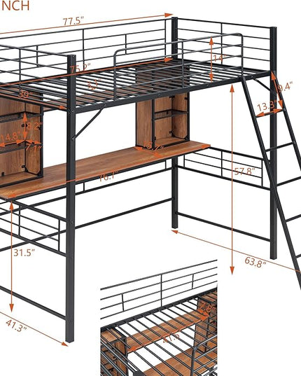 RITSU Twin Size Loft Bed with Desk and Storage Shelves, Metal BedFrame,w/Ladder & Fenced Around Guardrails, Easy Assembly, for Adults, Kids, Teens, Black - LeafyLoom