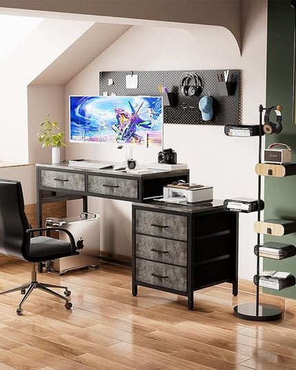 Unikito Computer Desk with 5 Drawers, Reversible Home Office Desk with Power Outlets, Sturdy Writing Desk with File Cabinet and Printer Stand, Vanity Desk with Storage for Small Space, Black Oak - LeafyLoom