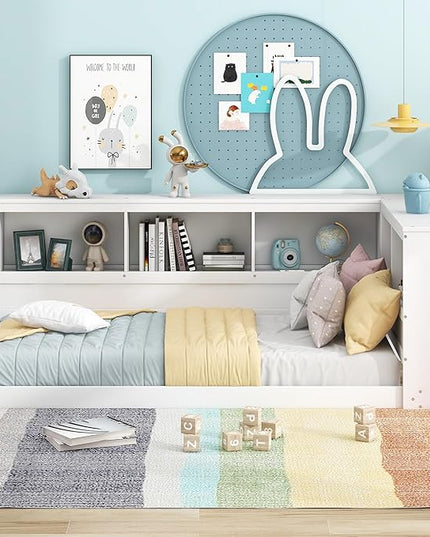 Wood Twin Size Corner Floor Bed with Storage Cabinets and USB Ports, Twin Daybed Frame with L-Shaped Bookcase Headboard for Living, Bedroom, Guest Room, White - LeafyLoom