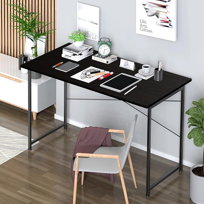 YSSOA Computer Desk Home Office Work Study Writing Modern Simple Table with Headphone Hooks, 47 Inch, Basic Black - LeafyLoom