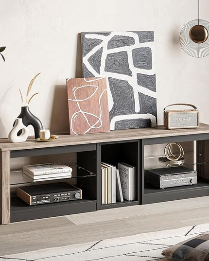 Bestier TV Stand for 70 inch TV, Gaming Entertainment Center for PS5, LED TV Cabinet with Glass Shelves for Living Room, 63'' Inch, Pinewood - LeafyLoom