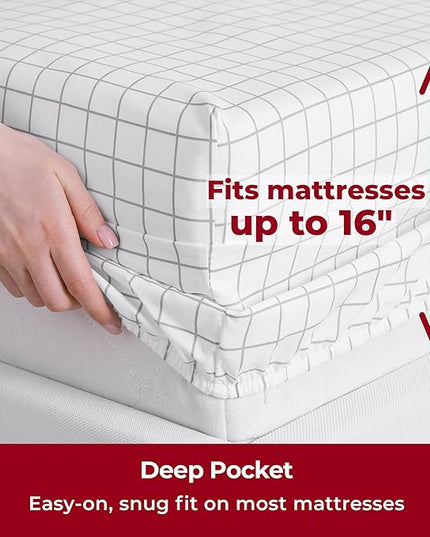 Mellanni California King Sheets Set - 4 PC Iconic Collection Bedding Sheets & Pillowcases - Hotel Luxury, Extra Soft, Cooling Bed Sheets - Deep Pocket up to 16 inch (Cal King, Windowpane Gray) - LeafyLoom