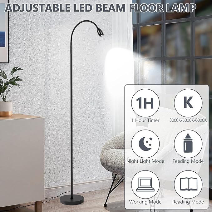 Reading Floor Lamp, 72" Tall LED Lamp with Flexible Gooseneck, Dimmable Zoomable Spotlight, Adjustable Color Beam Standing Lamp, Touch & Remote Control, Task Craft Bedroom Living Room, Matte Black - LeafyLoom