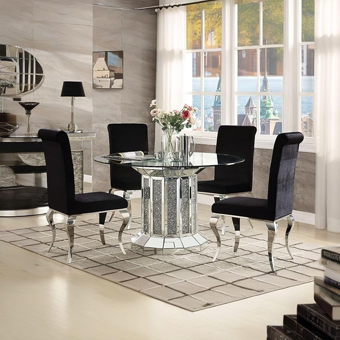 NicBex Dining Table Contemporary Kitchen Table Farmhouse Rustic Dining Table, Mirrored & Faux Diamonds Round Dining Table, Easy Assembly, Clear + Faux Diamonds - LeafyLoom