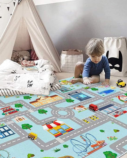 Kids Car Rug, 6x9 City Life Traffic Road Playmat for Toy Cars Trains, Non-Slip Race Track Carpet Educational Fun Area Rugs for Boy and Girl Bedroom Nursery - LeafyLoom
