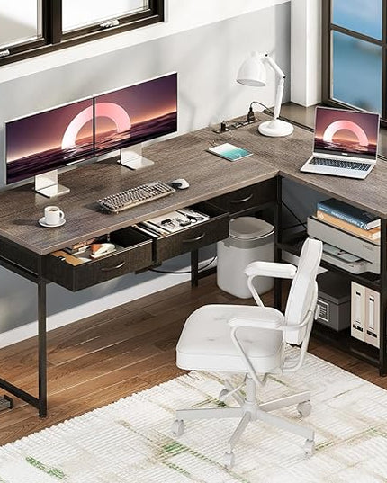 AODK 61 Inch L Shaped Computer Desk with Drawers, Corner Desk with Power Outlets & Reversible Storage Shelves, Movable CPU Stand for Home Office Gaming, Oak Grey - LeafyLoom
