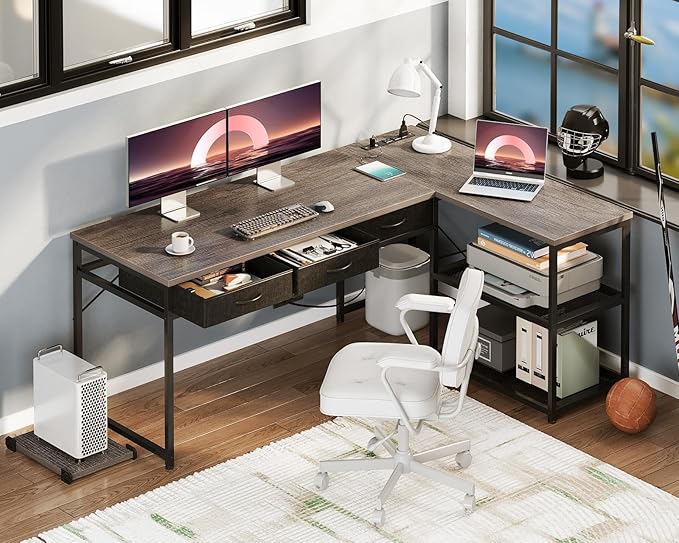 AODK 61 Inch L Shaped Computer Desk with Drawers, Corner Desk with Power Outlets & Reversible Storage Shelves, Movable CPU Stand for Home Office Gaming, Oak Grey - LeafyLoom