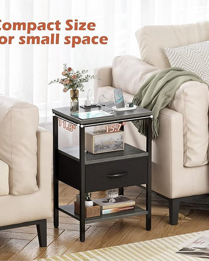 SUPERJARE Nightstand Set of 2, Bed Side Tables with Charging Station, Adjustable Fabric Drawer, Night Stand for Bedroom, 3-Tier Storage End Tables, for Living Room - Charcoal Gray - LeafyLoom
