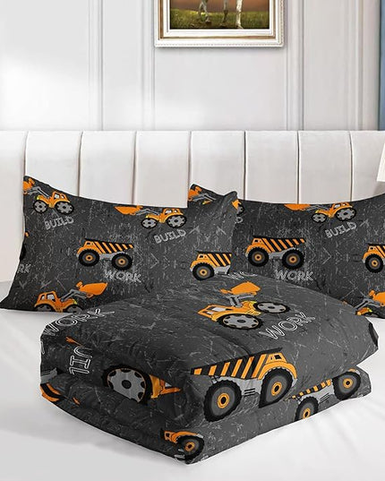 Datura home Construction Truck Comforter Set for Boys Kids Children,Machinery Excavators Vehicles Tractor Bedding Set with 1 Comforter and 2 Pillowcases(Brown Truck Full), Full 80x90inches - LeafyLoom