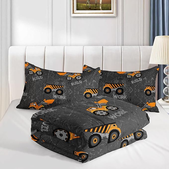 Datura home Construction Truck Comforter Set for Boys Kids Children,Machinery Excavators Vehicles Tractor Bedding Set with 1 Comforter and 2 Pillowcases(Brown Truck Full), Full 80x90inches - LeafyLoom