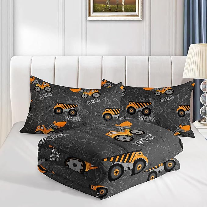 Datura home Construction Truck Comforter Set for Boys Kids Children,Machinery Excavators Vehicles Tractor Bedding Set with 1 Comforter and 2 Pillowcases(Brown Truck), Queen 90x90inches - LeafyLoom