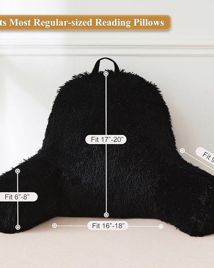 XeGe Faux Fur Reading Pillow Cover (No Filler), Fluffy Backrest Pillow Case for Sitting in Bed, Adults Kids Shaggy Sit Up Back Support Study Pillow Cover for Couch Chair Home Decoration, Black - LeafyLoom