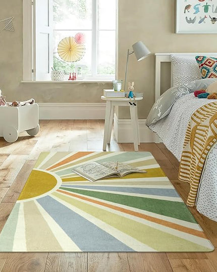 Boho Washable Rug 4'x6' Rug Kids Area Rug for Playroom, Non-Slip Kids Rug for Bedroom, Rainbow Modern Sun Carpet Soft Throw Sunshine Rug for Office Nursery Entryway Dorm - LeafyLoom