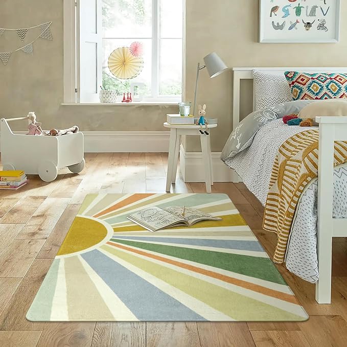 Boho Washable Rug 4'x6' Rug Kids Area Rug for Playroom, Non-Slip Kids Rug for Bedroom, Rainbow Modern Sun Carpet Soft Throw Sunshine Rug for Office Nursery Entryway Dorm - LeafyLoom