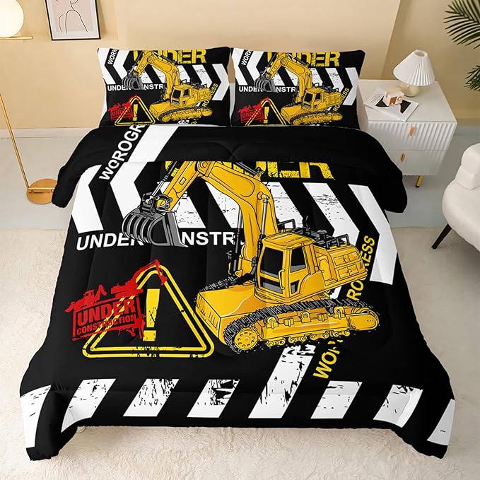 Excavator Comforter Twin Size,Construction Truck Comforter Set for Kids Teens Boys Girls,3Pcs Bedding Set Printed Comforter with 2 Pillowcases,Soft and Lightweight(Black，Twin Size) - LeafyLoom