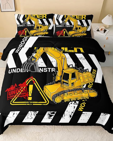 Excavator Comforter King Size,Construction Truck Comforter Set for Kids Teens Boys Girls,3Pcs Bedding Set Printed Comforter with 2 Pillowcases,Soft and Lightweight(Black，King Size) - LeafyLoom