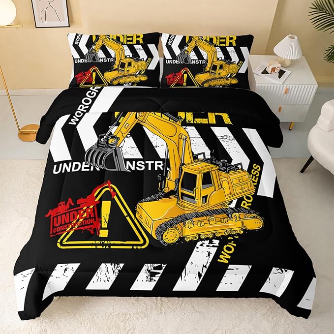 Excavator Comforter King Size,Construction Truck Comforter Set for Kids Teens Boys Girls,3Pcs Bedding Set Printed Comforter with 2 Pillowcases,Soft and Lightweight(Black，King Size) - LeafyLoom
