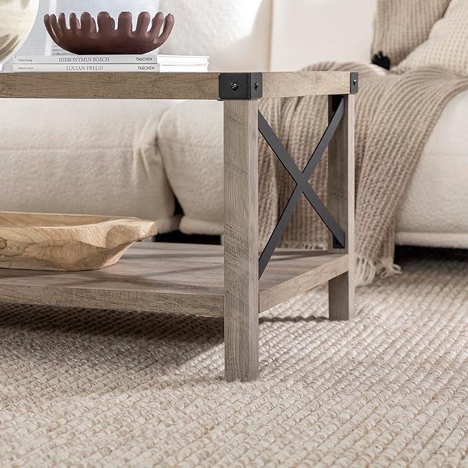 Walker Edison Sedalia Modern Farmhouse Metal X Coffee Table, 40 Inch, Grey Wash - LeafyLoom