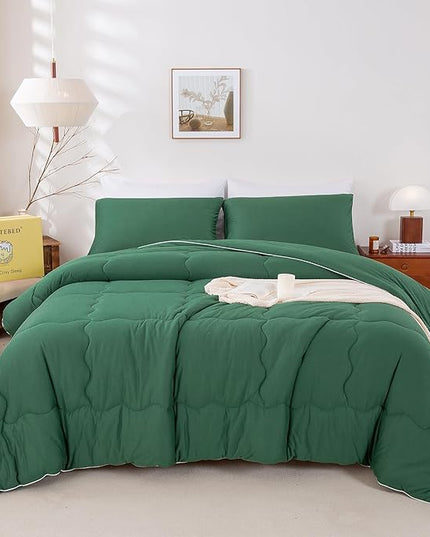 COTTEBED Forest Green Comforter Queen Size, Jersey Knit Cotton T-Shirt Feel Ultra-Soft Cute Cozy Lightweight Bedding Blanket Quilt Down Set & Pillowcase All Season Use Emerald Hunter Green,Full/Queen - LeafyLoom