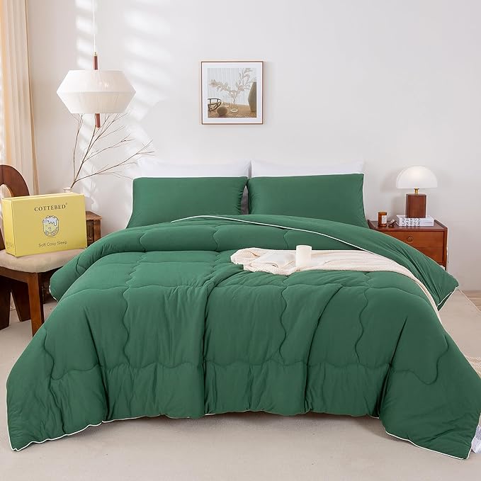 COTTEBED Forest Green Comforter Queen Size, Jersey Knit Cotton T-Shirt Feel Ultra-Soft Cute Cozy Lightweight Bedding Blanket Quilt Down Set & Pillowcase All Season Use Emerald Hunter Green,Full/Queen - LeafyLoom