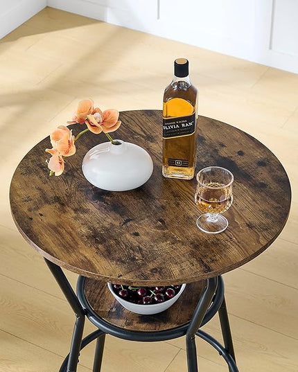 3 Pieces Bistro Table and Chairs Set, Round Counter Height Bar Table with Storage Shelf and 2 Stools with Backrest & Footrest, for Dining Room, Kitchen, Bar, Small Space, Rustic Brown - LeafyLoom