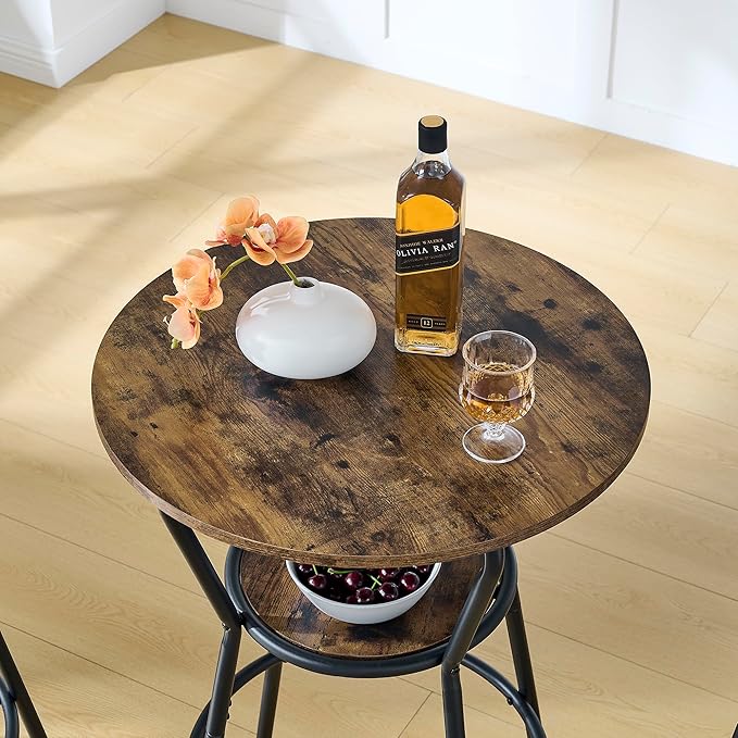 3 Pieces Bistro Table and Chairs Set, Round Counter Height Bar Table with Storage Shelf and 2 Stools with Backrest & Footrest, for Dining Room, Kitchen, Bar, Small Space, Rustic Brown - LeafyLoom