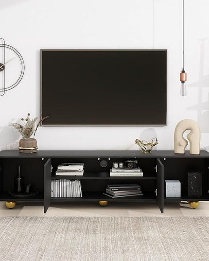 Merax Modern TV Stand for Televisions up to 75 Inches, 68.9“ Entertainment Center with Storage Cabinets and Adjustable Shelf, Media Console Table & Marble-patterned Top for Living room, Black - LeafyLoom