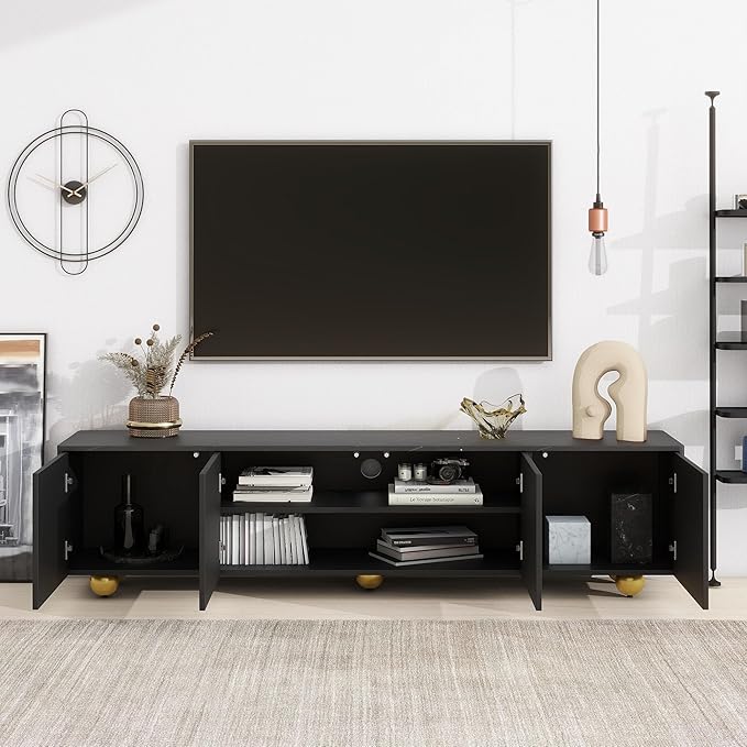 Merax Modern TV Stand for Televisions up to 75 Inches, 68.9“ Entertainment Center with Storage Cabinets and Adjustable Shelf, Media Console Table & Marble-patterned Top for Living room, Black - LeafyLoom