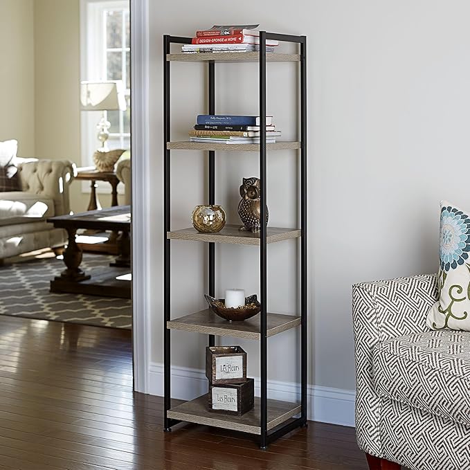 Household Essentials 5 Tier Storage Tower Metal, Grey Shelf – Black Frame, Ashwood - LeafyLoom