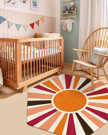 Washable Rainbow Rug for Kids Room Playroom, 4'x 4'7" Boho Sun Kids Rug for Girls Boys, Non-Slip Orange Carpet Small Play Rug for Tent Reading Corner Dorm Entryway - LeafyLoom