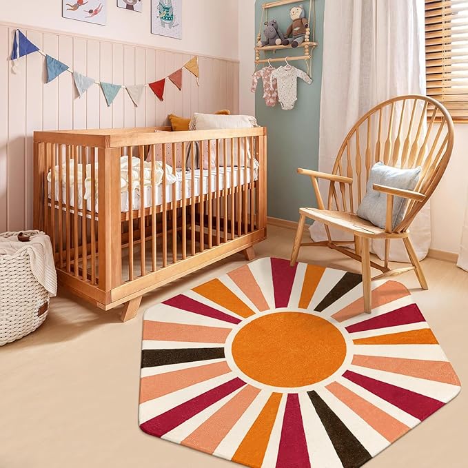 Washable Rainbow Rug for Kids Room Playroom, 4'x 4'7" Boho Sun Kids Rug for Girls Boys, Non-Slip Orange Carpet Small Play Rug for Tent Reading Corner Dorm Entryway - LeafyLoom