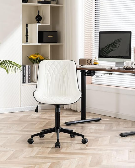 YOUNIKE Office Chair with Wheels Armless Desk Chair Swivel Rolling Task Chair with Back Upholstered Faux Leather Computer Chair Height Adjustable Modern Ergonomic Wide Seat White - LeafyLoom