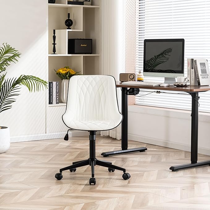 YOUNIKE Office Chair with Wheels Armless Desk Chair Swivel Rolling Task Chair with Back Upholstered Faux Leather Computer Chair Height Adjustable Modern Ergonomic Wide Seat White - LeafyLoom